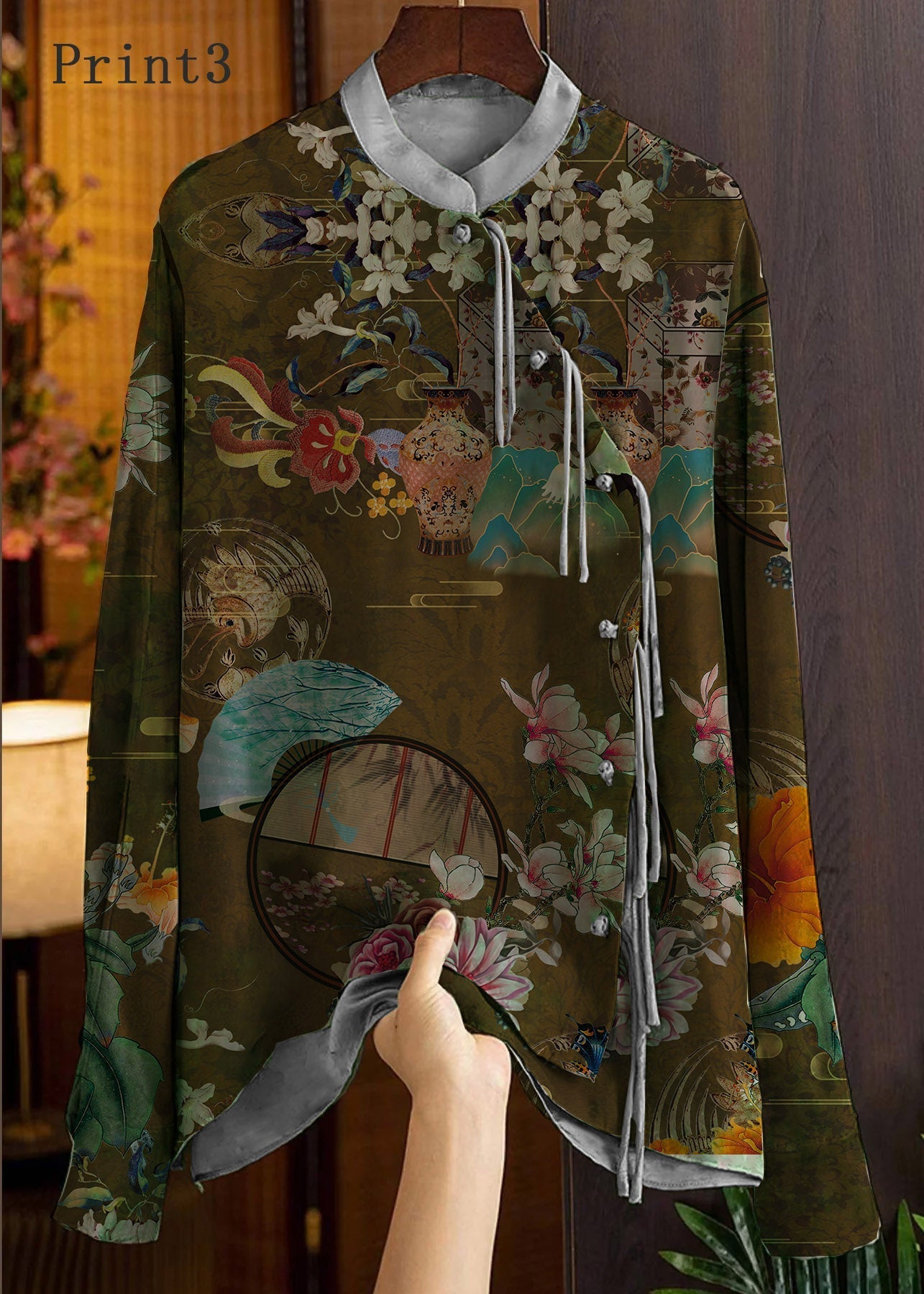 Yellow Text Mandarin Collar Button Print Silk Shirt Top Spring