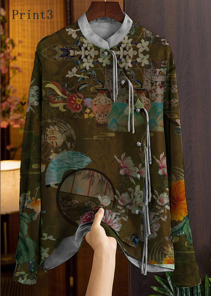 Yellow Text Mandarin Collar Button Print Silk Shirt Top Spring