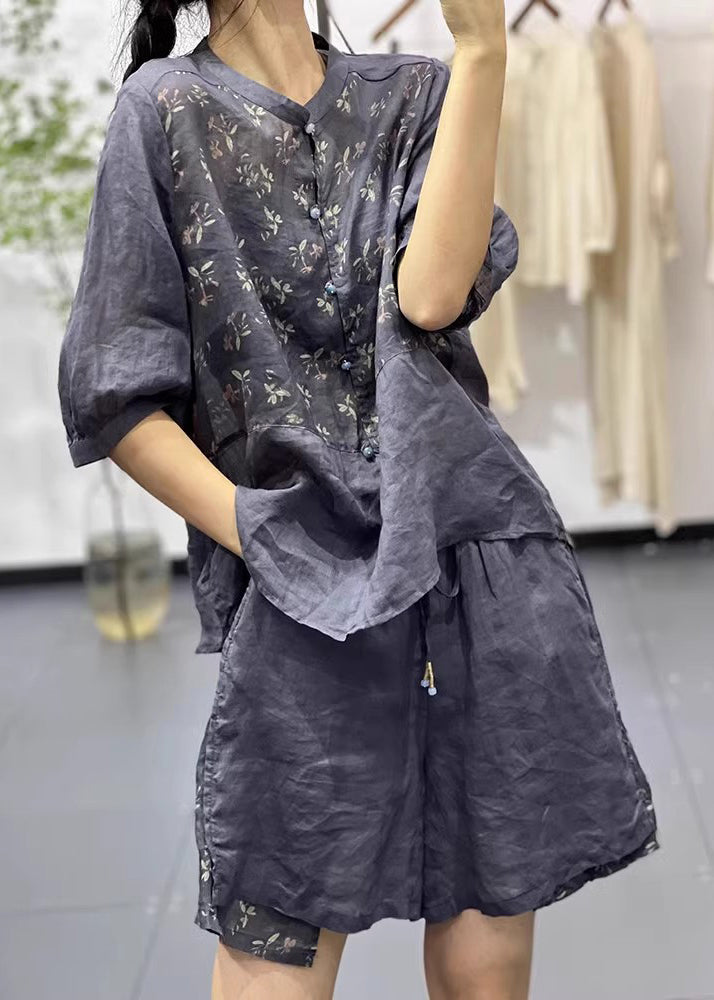 Navy Stand Collar Print Cotton 2 Piece Outfit Summer