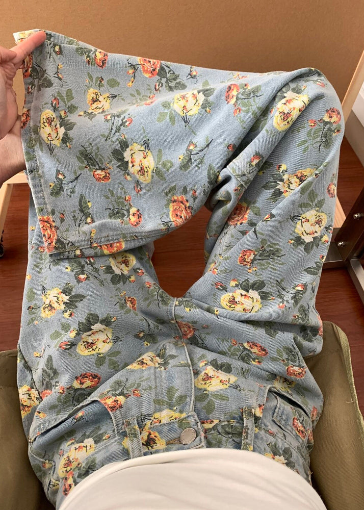 Blue Flower Print Denim Wide Leg Pants Fall