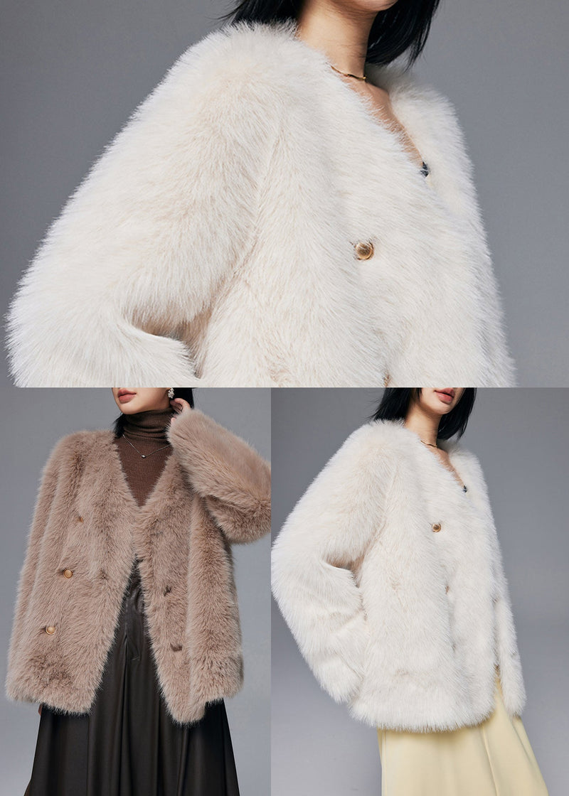 Brown Warm Faux Fox Fur Coats V Neck Double Breast Winter