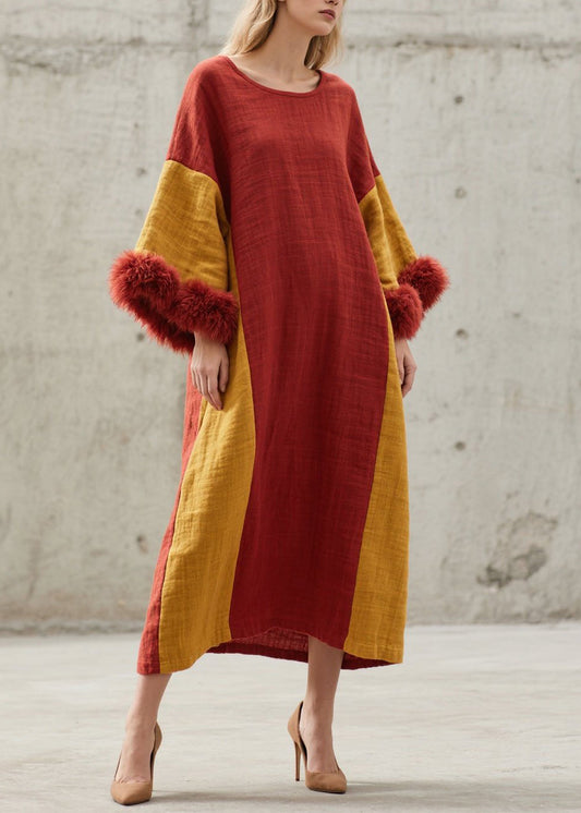Colorblock O Neck Fuzzy Fur Patchwork Cotton Long Dresses Fall