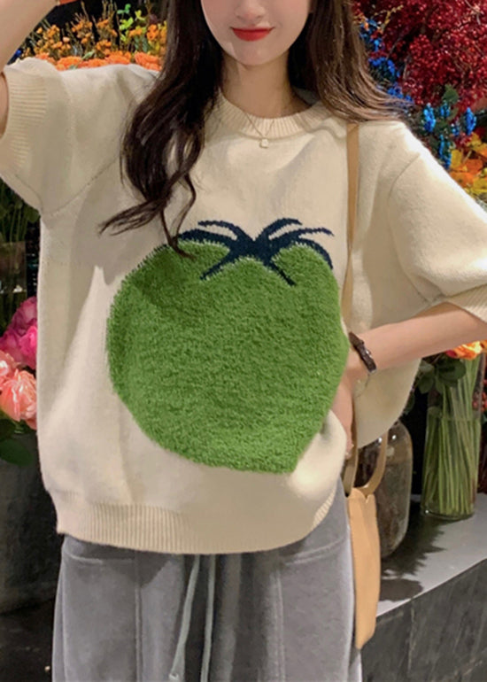 White O Neck Thick Print Knit Sweaters Top Half Sleeve