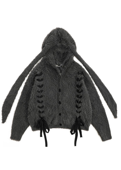 Dark Grey Oversized Bow Knit Rabbit Ears Hoodies Outwear Spring