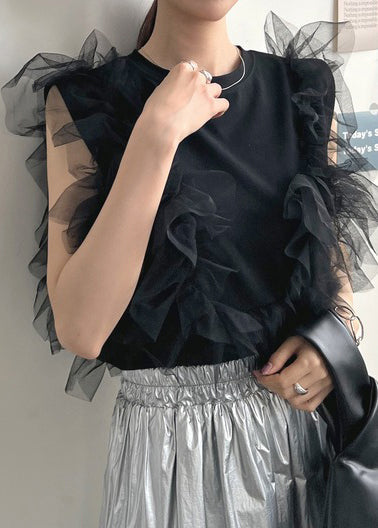 Black O-neck Patchwork Tulle Vests Summer