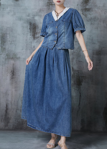 Blue V Neck Patchwork Denim Two Pieces Set Fall
