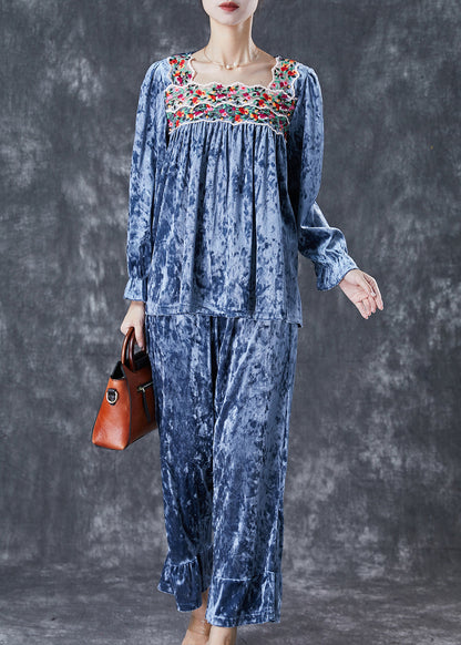 Blue Patchwork Silk Velour Two-piece Set Square Collar Embroideried Fall