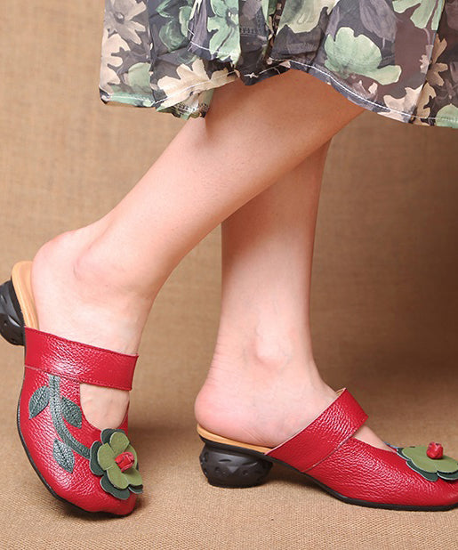 Red Chunky Cowhide Leather Unique Splicing Slide Sandals