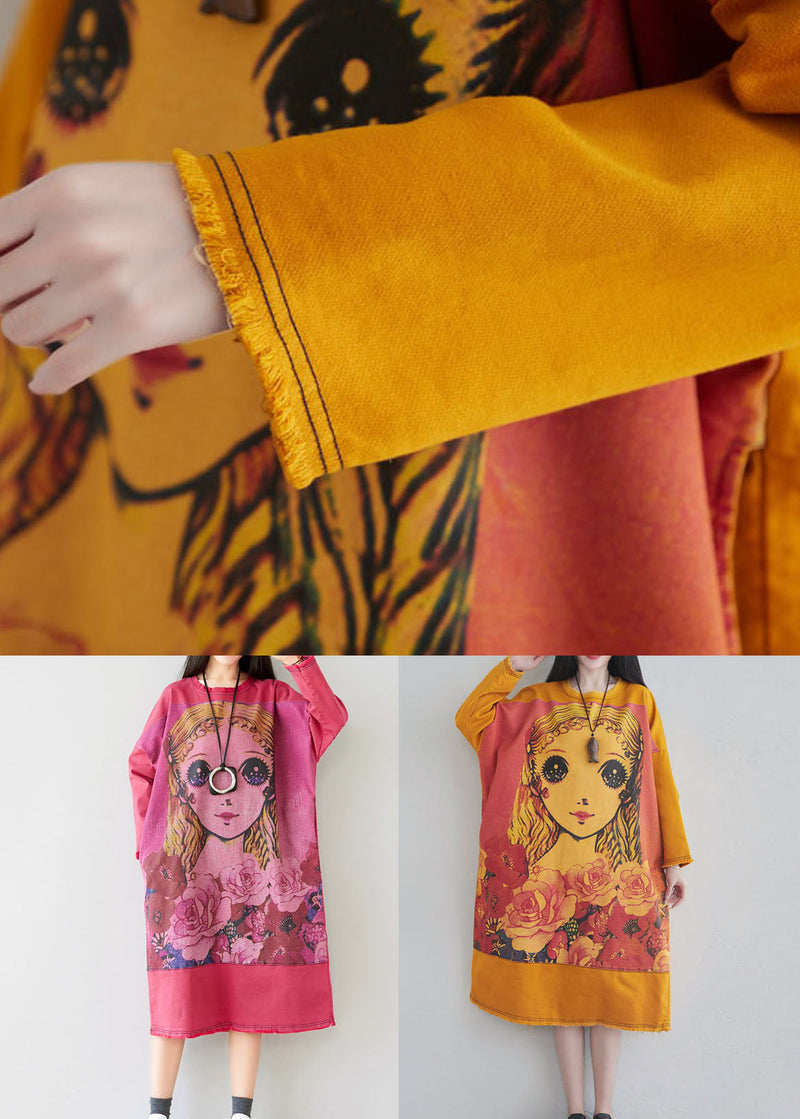 Diy Yellow O Neck Cartoon Print Cotton Long Dress Spring