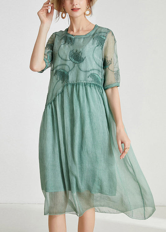 Loose Green Embroidered Patchwork Chiffon Dresses Summer