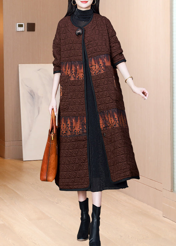 Coffee O Neck Pockets Patchwork Fine Cotton Filled Coat Fall