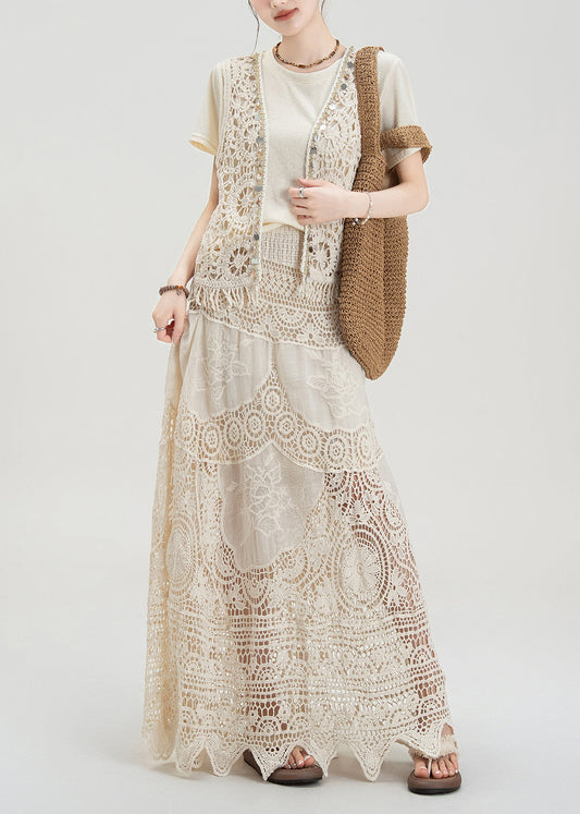 Apricot Hollow Hook Flower Vest T-shirt Skirt Set Summer