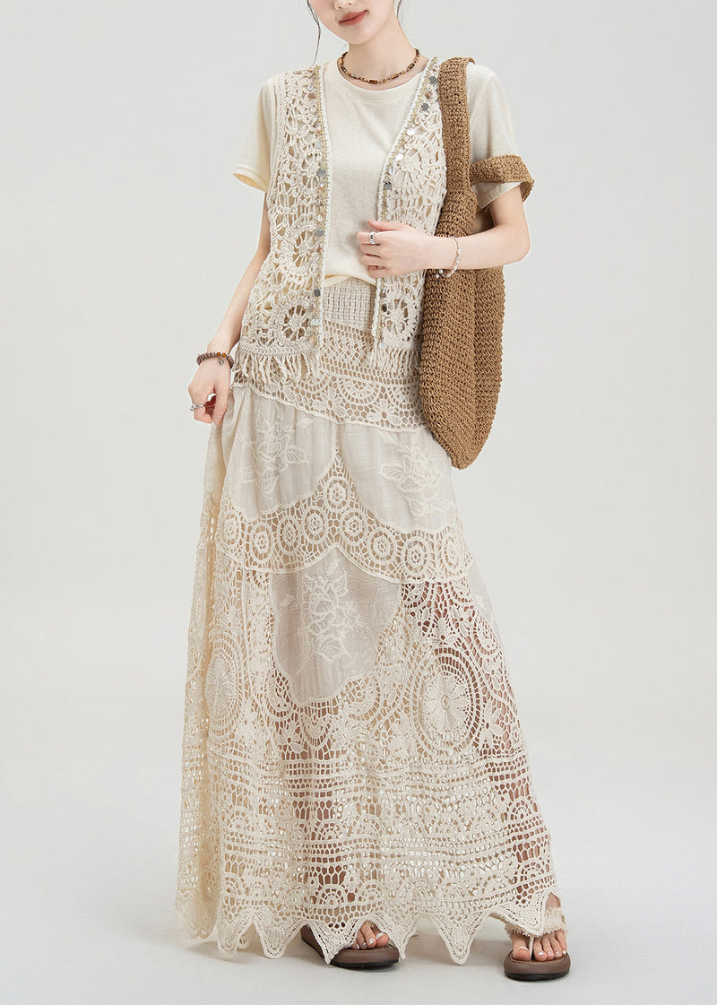 Apricot Hollow Hook Flower Vest T-shirt Skirt Set Summer