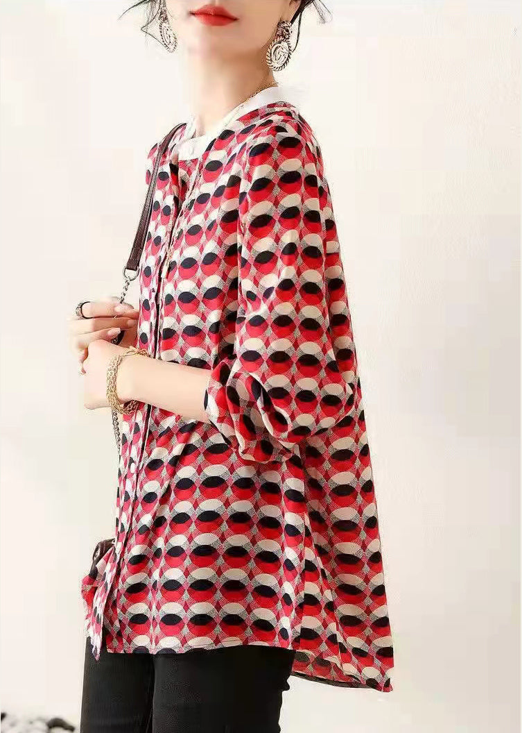 Red Stand Collar Print Chiffon Shirt Top Long Sleeve