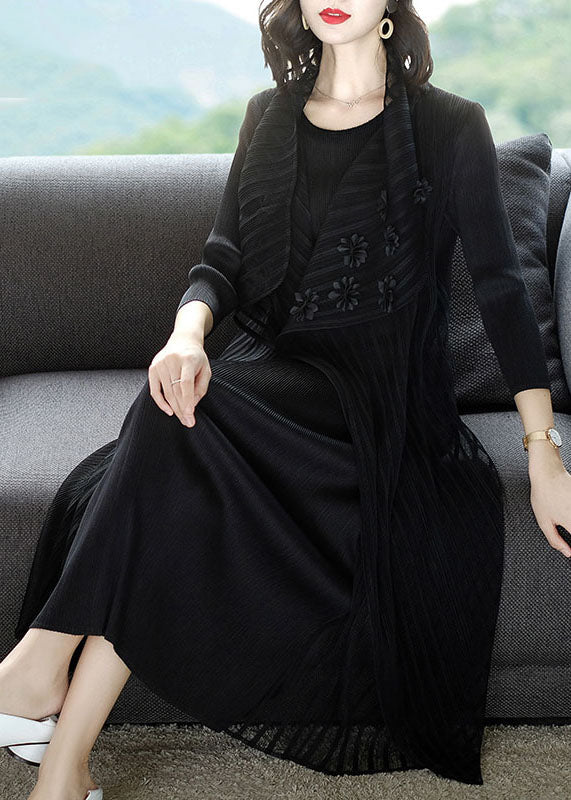 Wine Red O-neck Patchwork Fake Two Pieces Maxi Dress Long Sleeve