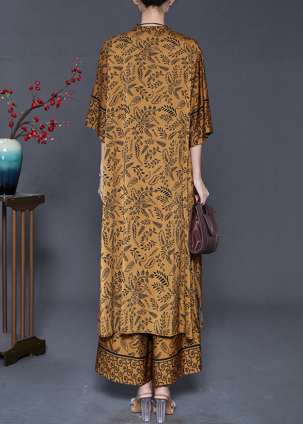 Brown Oversized Print Silk Two Pieces Set Summer