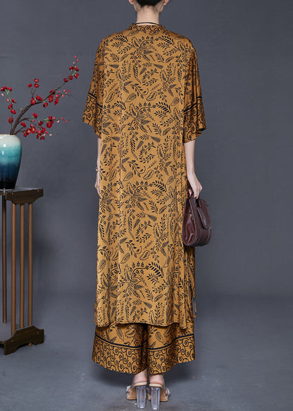 Brown Oversized Print Silk Two Pieces Set Summer