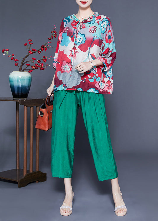 Ruffled Collar Print Cotton Linen Two Piece Set Clothing Spring