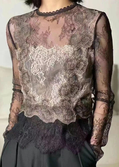 Black Hollow Out O-neck Embroideried Lace Top Long Sleeve