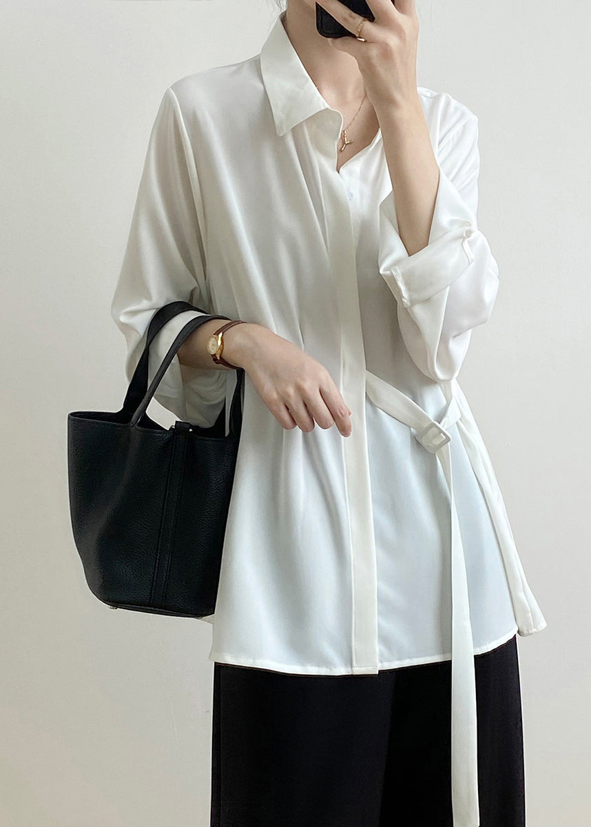 Caramel Peter Pan Collar Lace Up Loose Shirt Top Fall