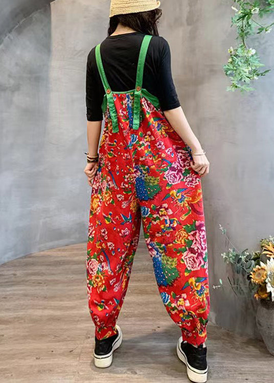 Red High Waist Patchwork Cotton Jumpsuits Pockets Fall