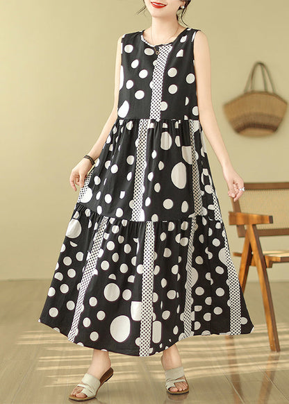 Black Print Exra Large Hem Cotton Long Dress Sleeveless