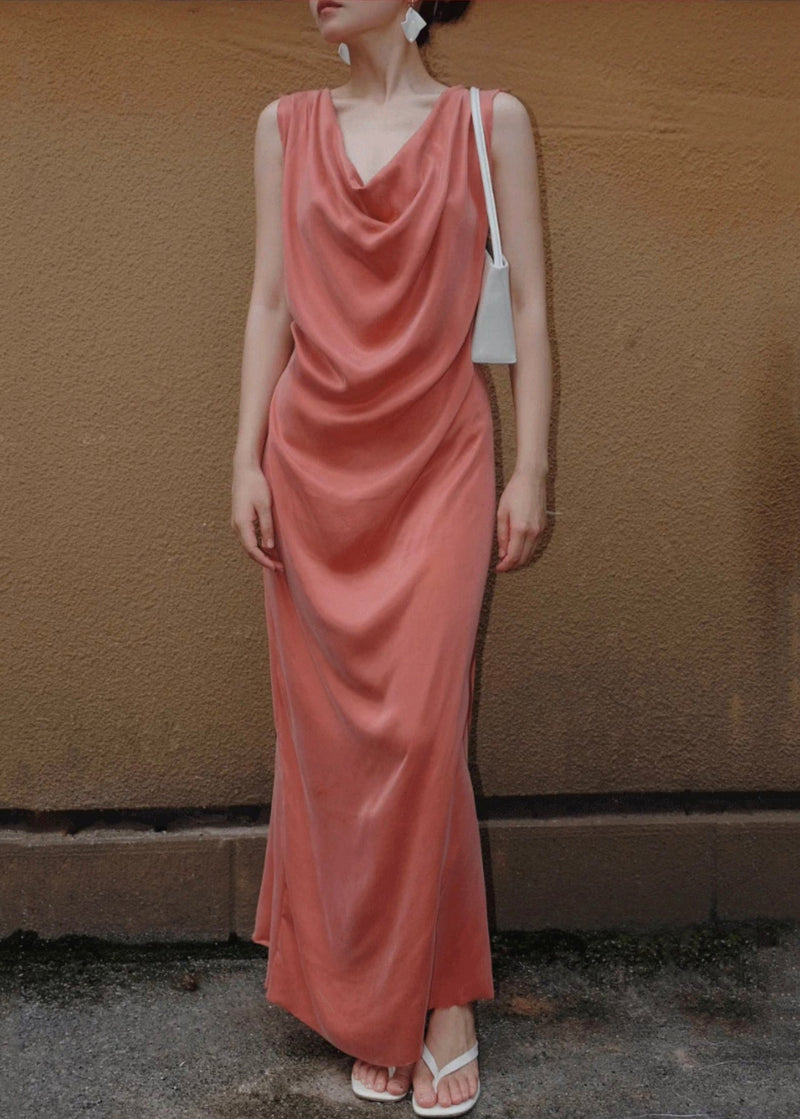 Orange Lace Up Silk Long Dresses Sleeveless Summer