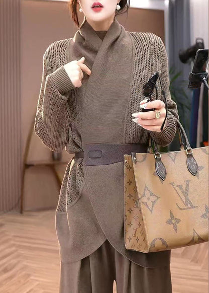 Coffee Hollow Out Knit Cardigans Winter