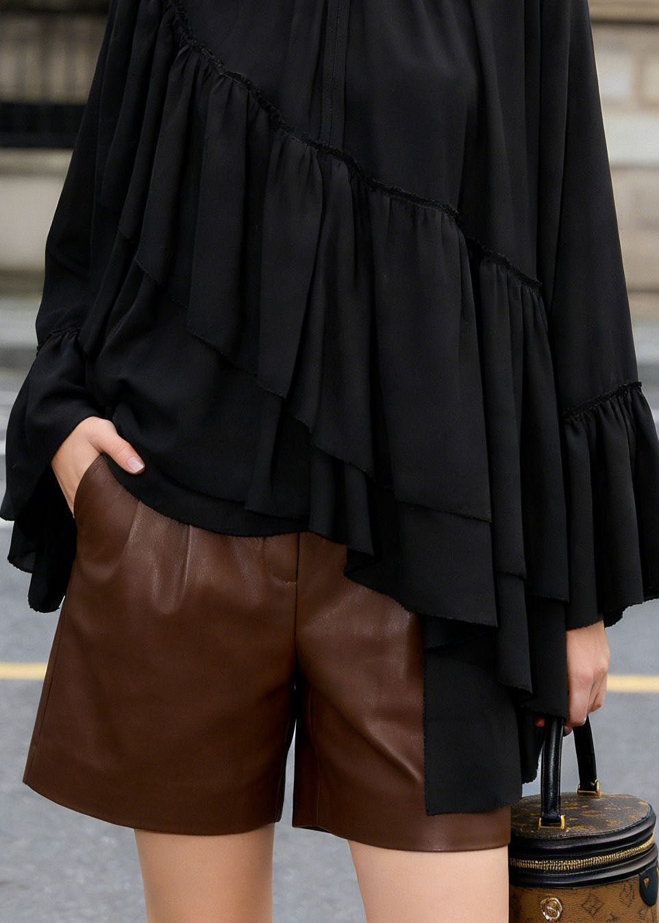 Loose Black Ruffled Asymmetrical Patchwork Chiffon Top Spring