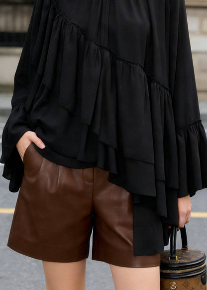 Loose Black Ruffled Asymmetrical Patchwork Chiffon Top Spring