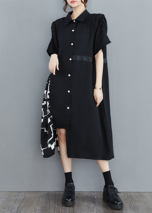 Black Peter Pan Collar Asymmetrical Print Patchwork Shirt Dresses Half Sleeve