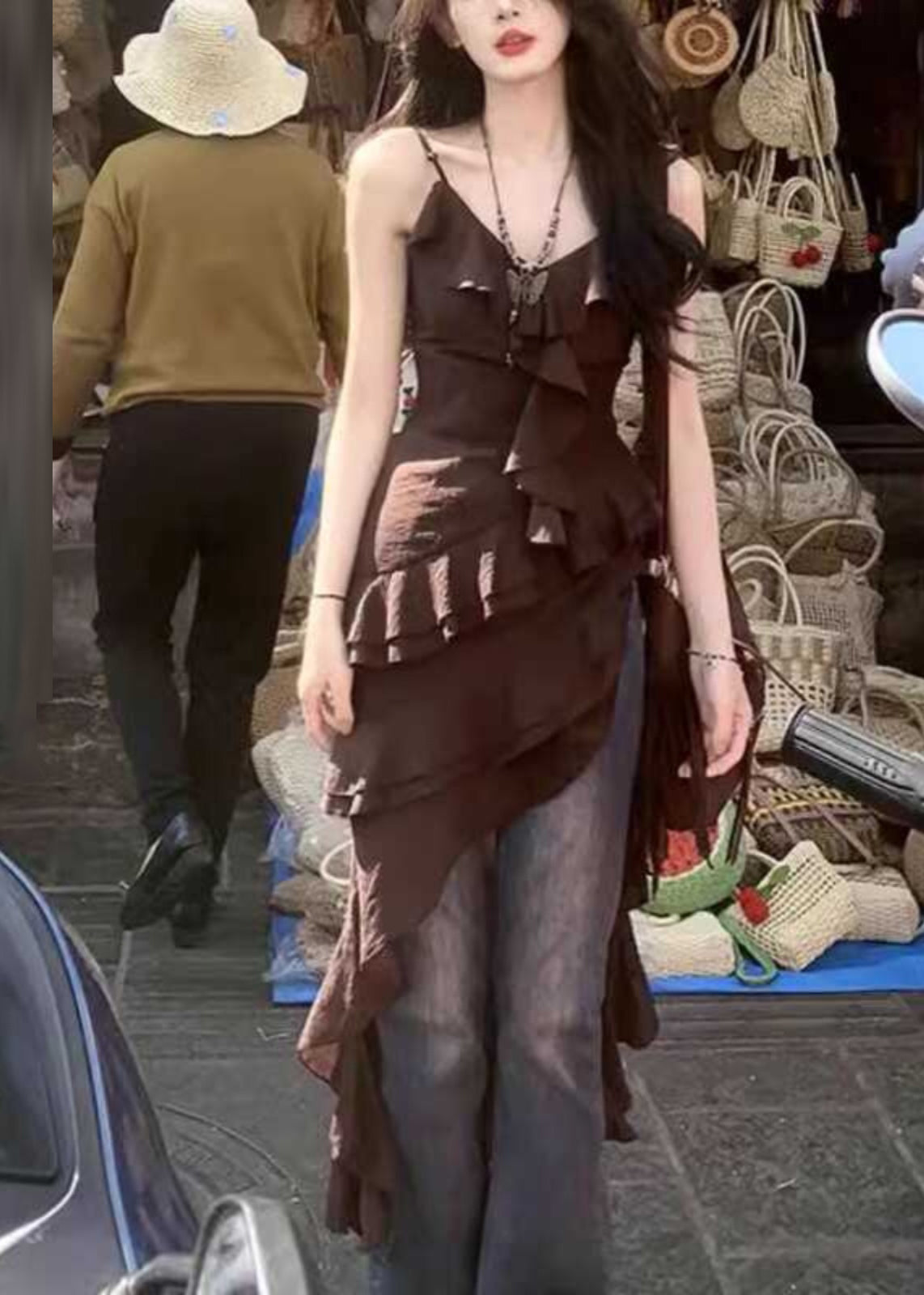 Chocolate V Neck Asymmetrical Ruffled Spaghetti Strap Dress Summer