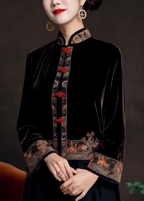 Classy Black Stand Collar Embroideried Silk Velour Coats Fall