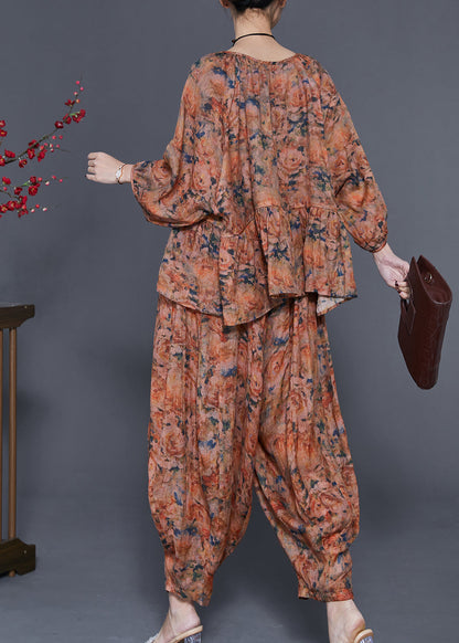 Handmade Coffee Oversized Print Linen Two-piece Set Spring