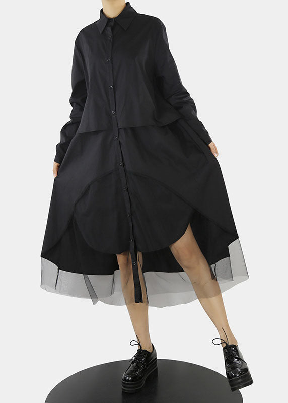 Black Tulle Patchwork Shirt Dresses Button Asymmetrical Design Peter Pan Collar Spring