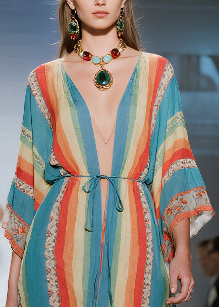 Blue Tunic Striped Cotton Mini Dresses Summer