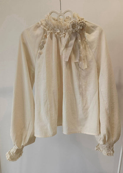 Beige Decorated Patchwork Lace Shirt Top Spring