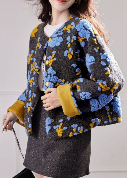 Blue Embroidered Button Duck Down Woolen Coat Winte