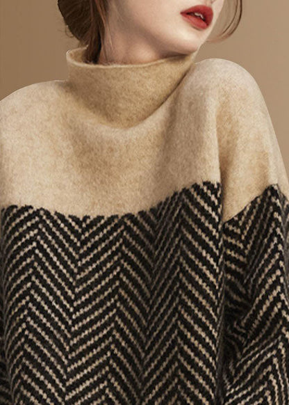 Khaki Turtle Neck Patchwork Knit Pullover Winter