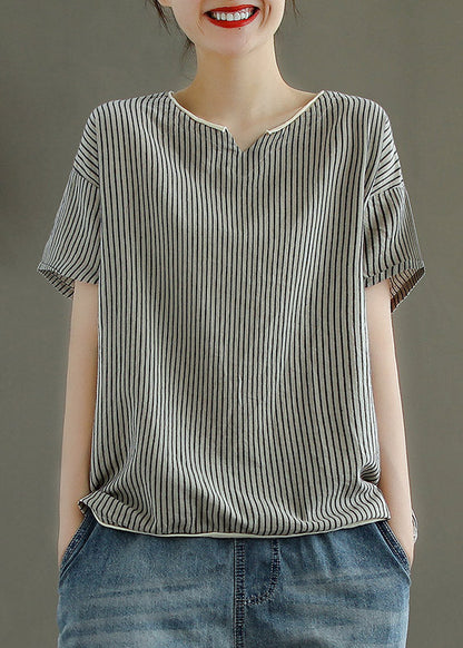 Grey V Neck Striped Patchwork Linen Tank Tops Short Sleeve