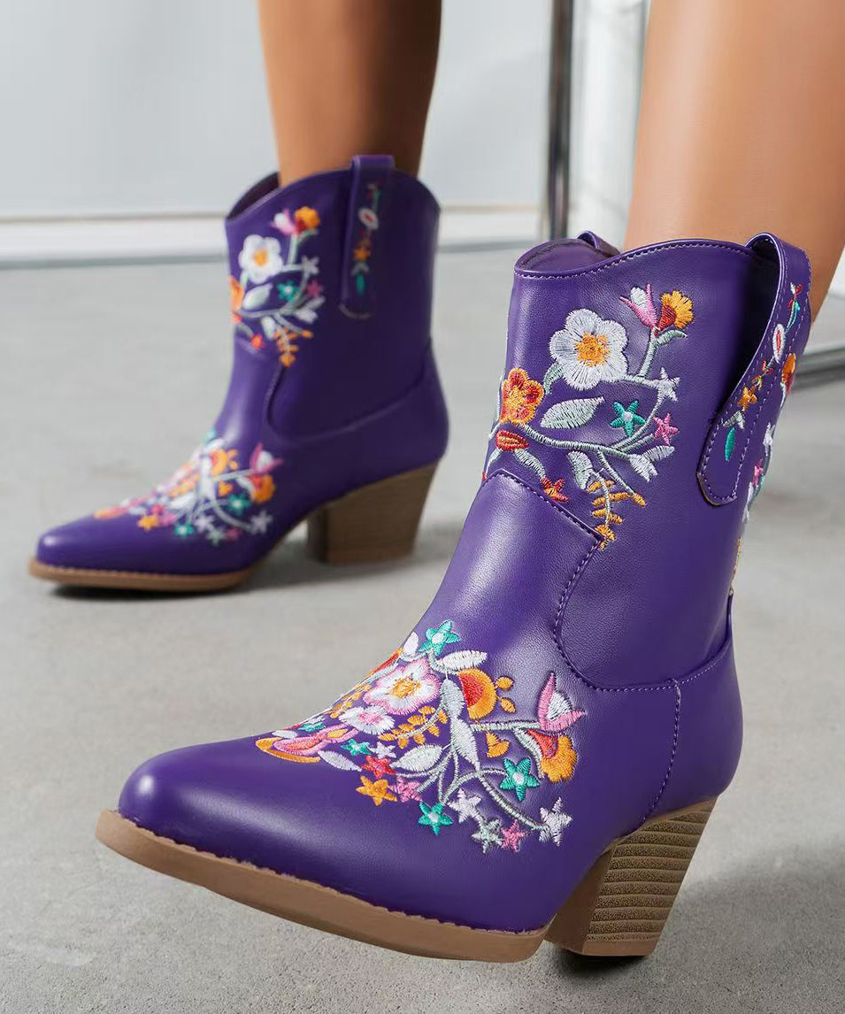 Purple Embossed Faux Leather Chunky Boots