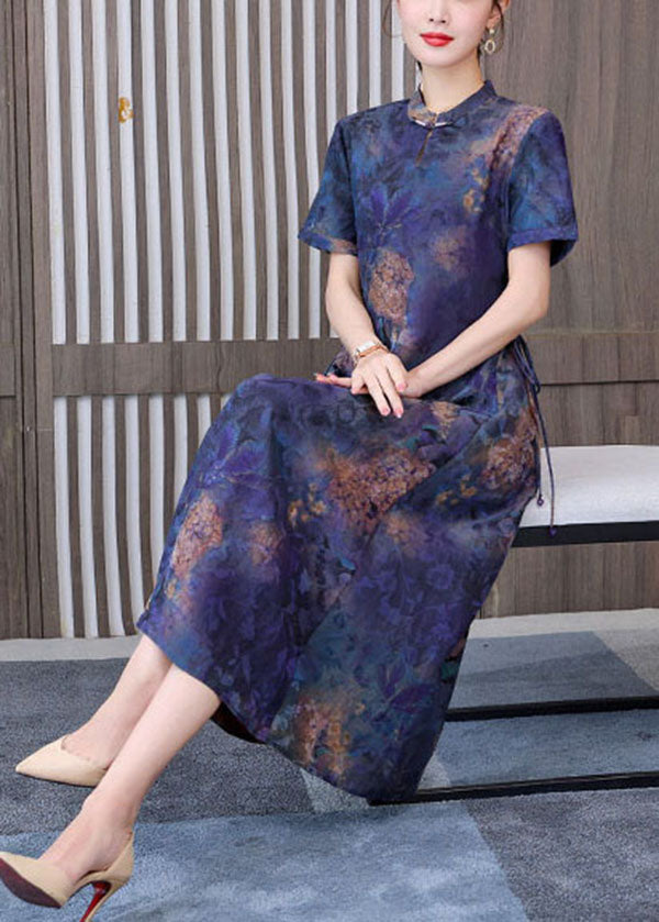 Unique Blue Mandarin Collar Tie Waist Tie Dye Silk Dresses Short Sleeve
