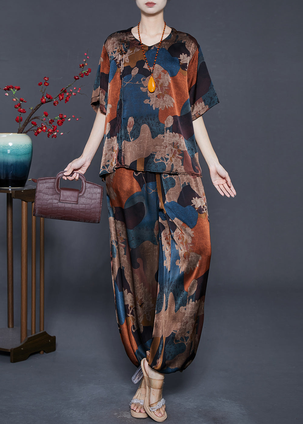Blue Print Silk Sets 2 Pieces Oversized Summer