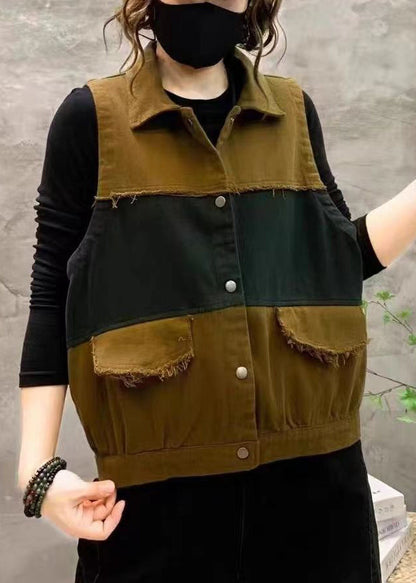 Orange Peter Pan Collar Button Patchwork Cotton Waistcoat Sleeveless