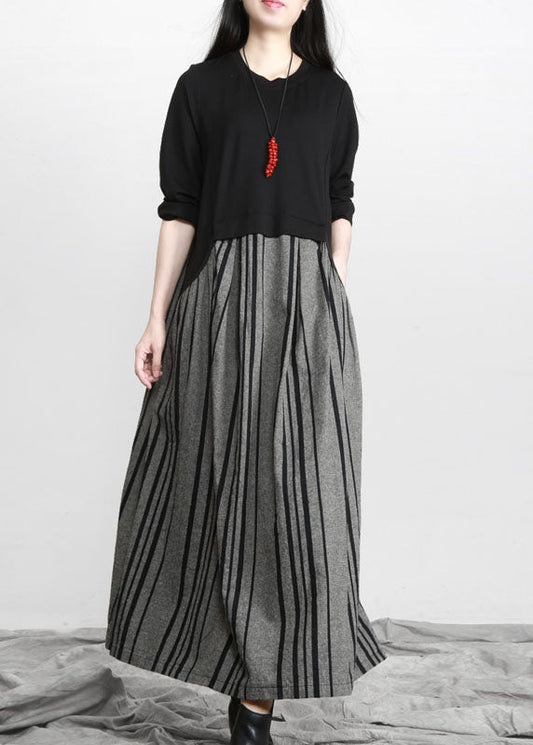 Black O-neck Pockets Striped Patchwork Linen Holiday Dress Long Sleeve