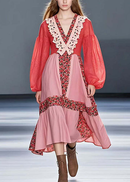Red V Neck Print Patchwork Cotton Dress Long Sleeve