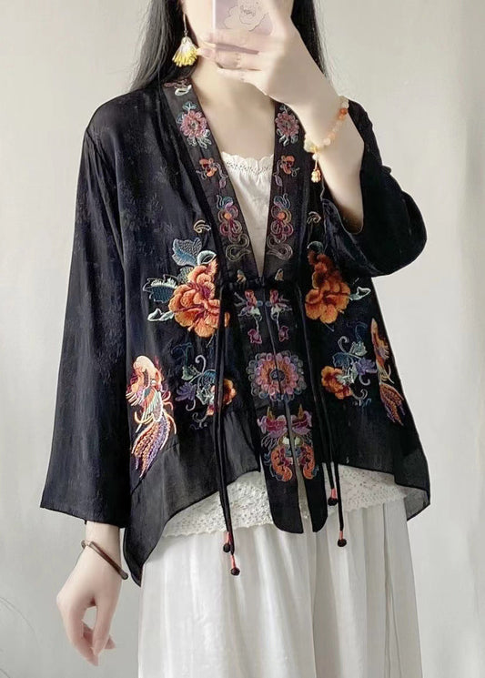 Black Linen Silk Cardigans Embroideried V Neck Tasseled Spring