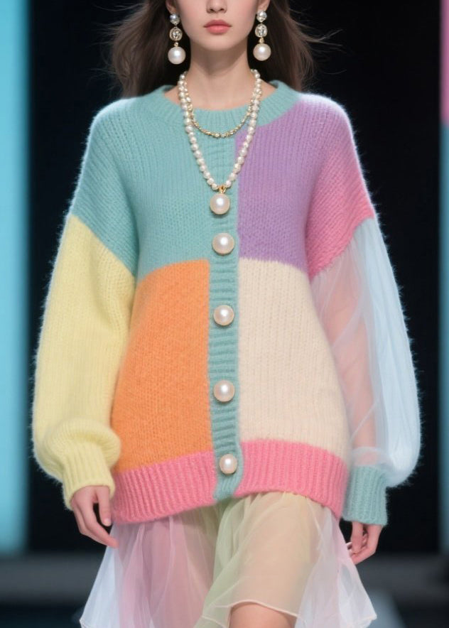 Colorblock O Neck Tulle Patchwork Knit Dress Fall