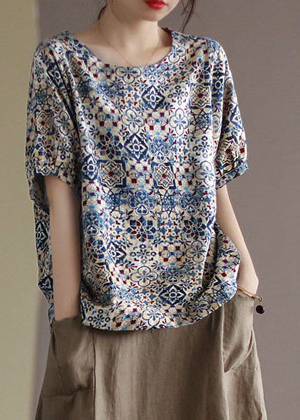 Blue O-neck Original Design Print Linen Tank Short Sleeve