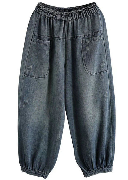 Blue Elastic Waist Big Pockets Patchwork Cotton Denim Harem Pants Summer
